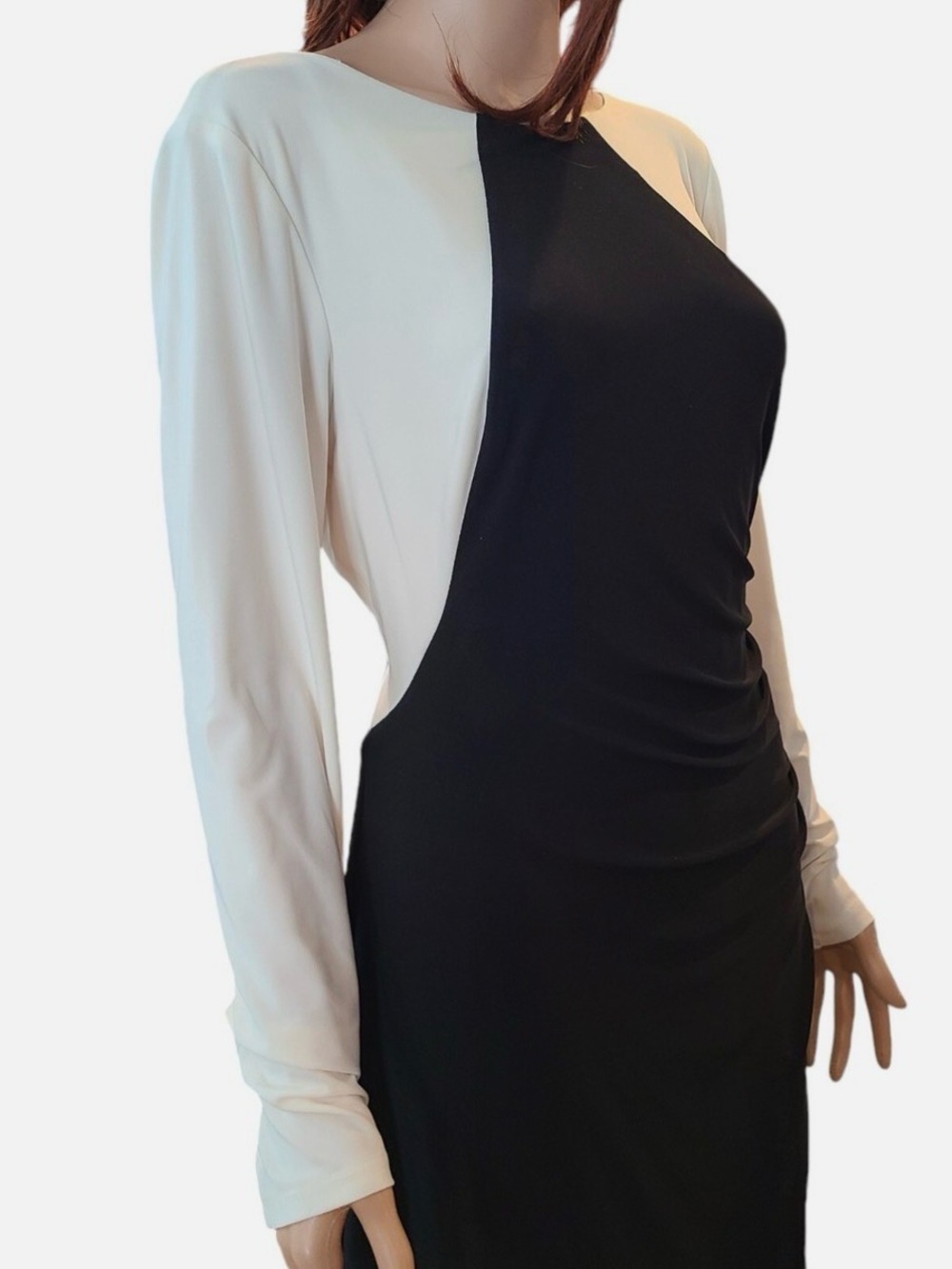 Lauren Ralph Lauren Color Block Long Sleeve Side Ruch Dress, Cream & Black